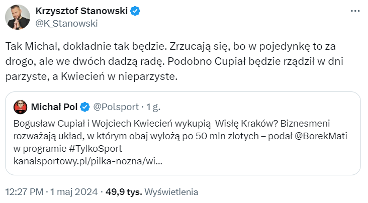 Stanowski ODPOWIADA na newsa Mateusza Borka dot. wykupu udziałów w Wiśle Kraków XD